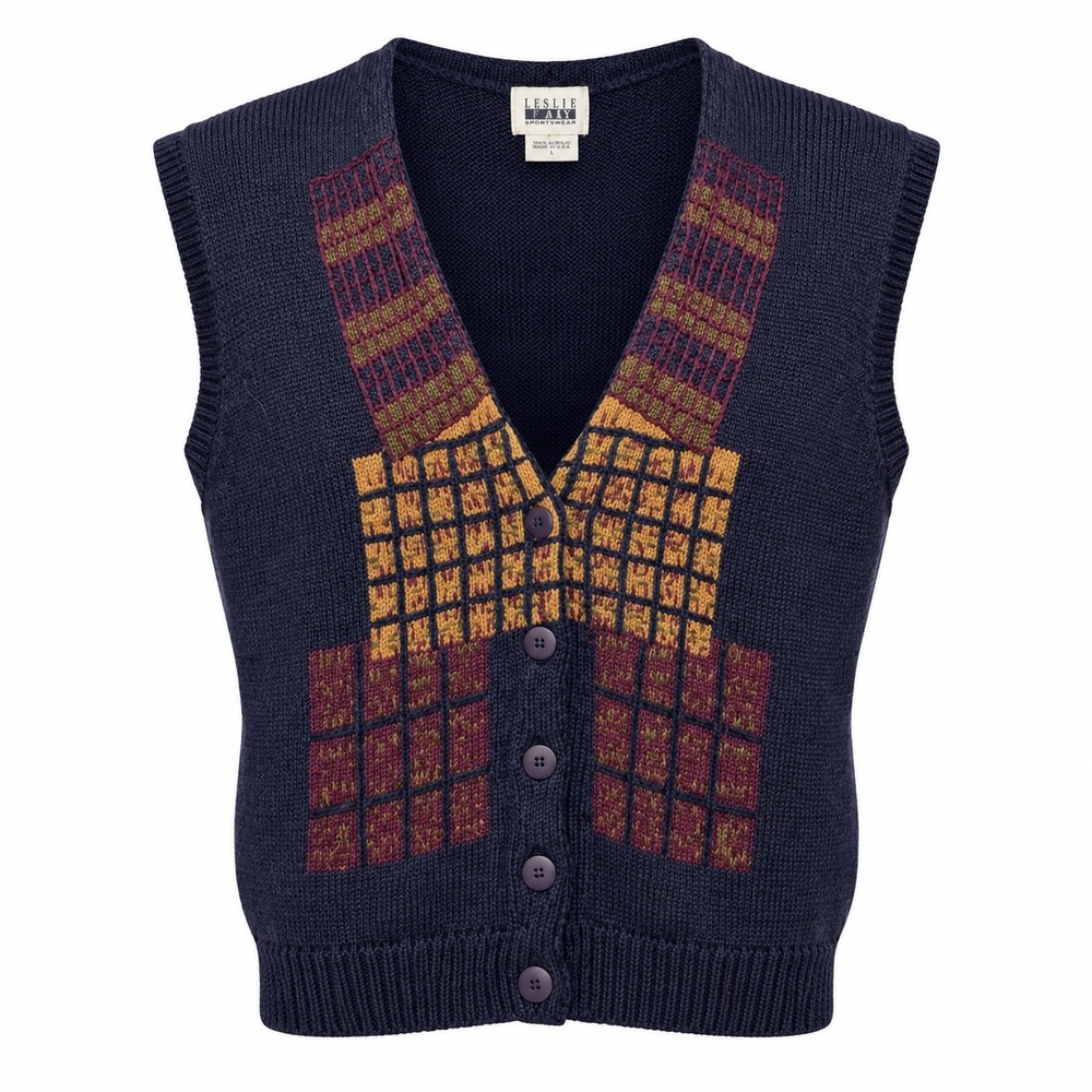 Vintage Intarsia Classic Retro Preppy Sweater Vest Womens Large Dark Academia